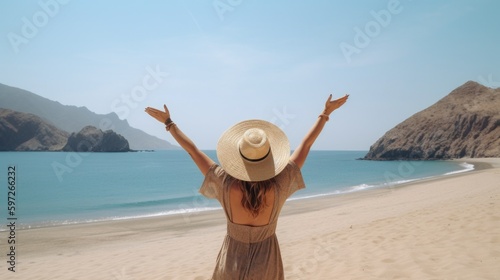 Back view of girl on the beach. Illustration AI Generative.