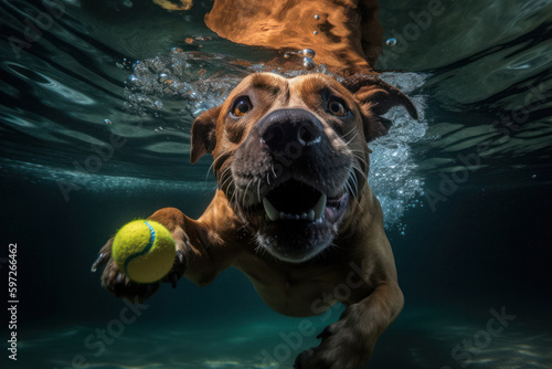 Murais de parede Animated Pup Fetching Tennis Ball in Dazzling Underwater Capture
