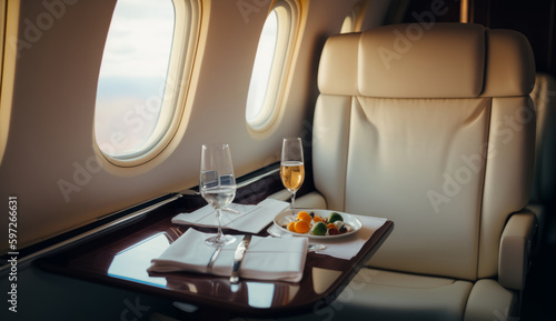 Interior of luxurious private jet with leather seats Illustration AI Generative.
