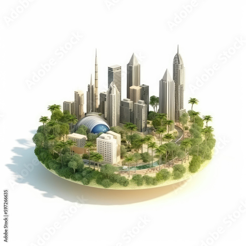 3D render of an island in the shape of a city with skyscrapers, palm trees, and buildings. Generative Ai