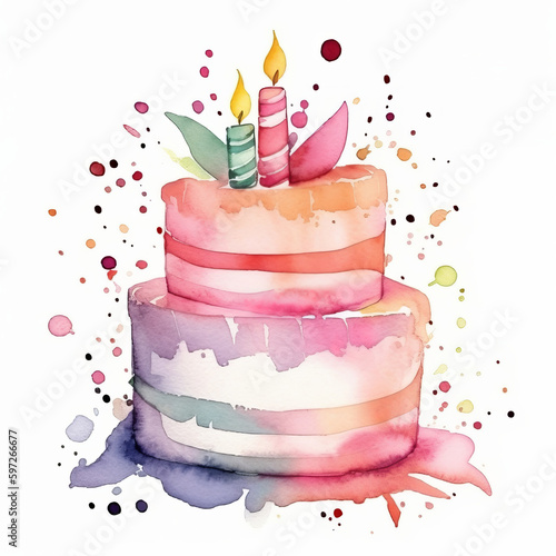 Watercolor Birthday Cake. Illustration AI Generative.