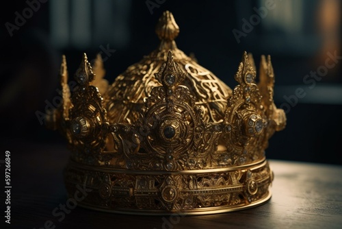 Ornate golden crown bearing religious symbols. Generative AI