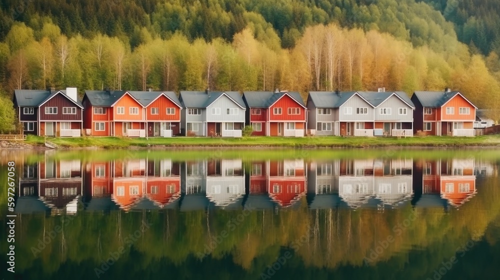 Row of colorful wooden houses. Illustration AI Generative.