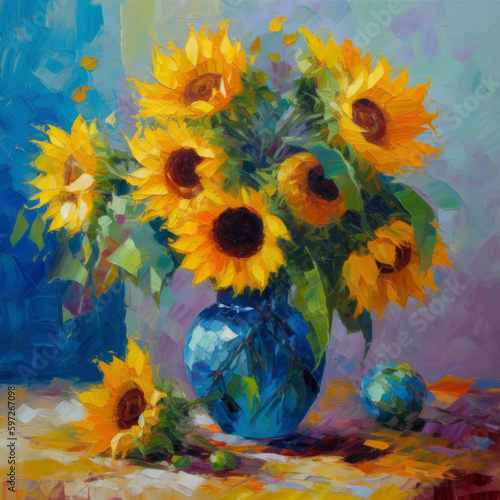 Impressionist painting sunflowers bouquet. Illustration AI Generative