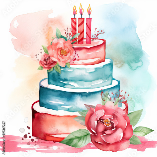 Watercolor Birthday Cake. Illustration AI Generative.
