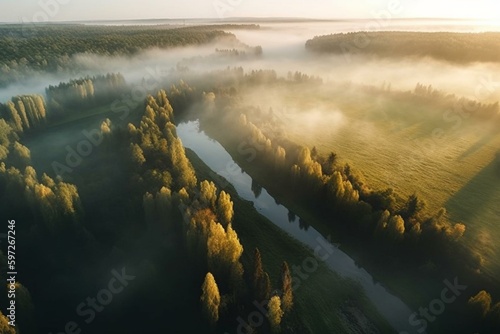 Aerial view of river surrounded by forest and green fields on a summer morning with fog. Generative AI © Natalya
