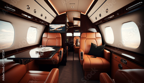 Interior of luxurious private jet with leather seats Illustration AI Generative. © olegganko