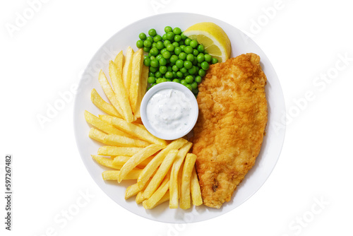 Photography plate of fish and chips with french fries isolated on transparent background, to