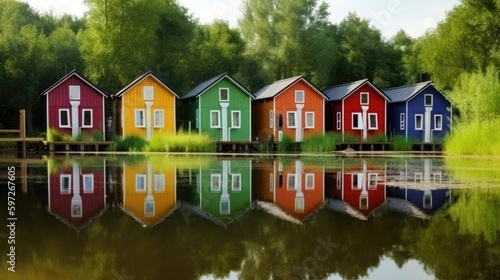 Row of colorful wooden houses. Illustration AI Generative.