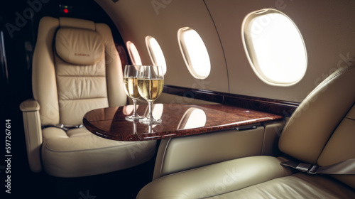 Interior of luxurious private jet with leather seats Illustration AI Generative.