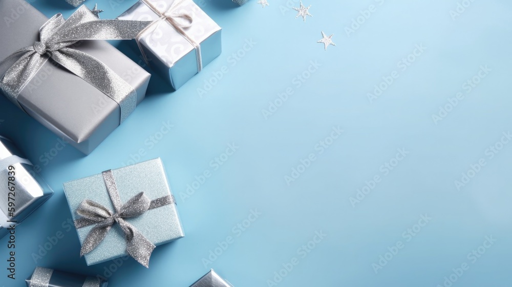 Blue background with silver gift boxes. Illustration AI Generative. Blue background with silver gift boxes. Illustration AI Generative.