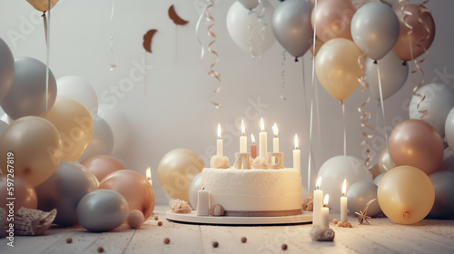 cake with candles and balloons