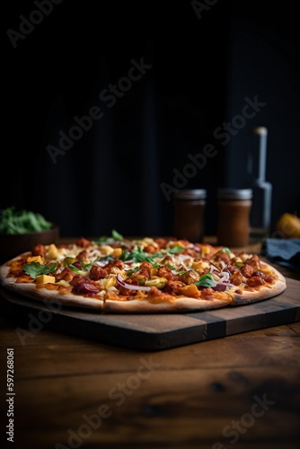 Pizza sur une planche en bois, poivron, fromage, jambon, sauce tomate, basilic, illustration culinaire, ia générative 