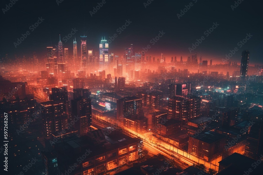 A futuristic and surreal night metropolis, with glowing neon lights and cyberpunk skyscrapers. Generative AI