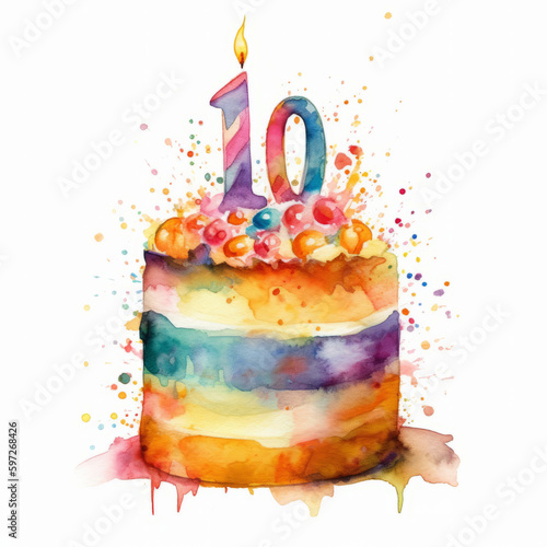 Watercolor Birthday Cake. Illustration AI Generative.