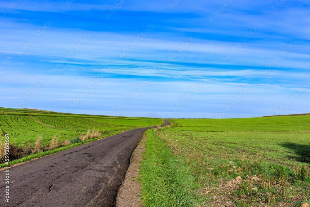 Obraz premium view of meadows and hills against the blue sky with clouds
