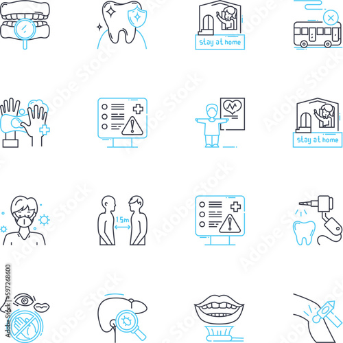 Oral health linear icons set. Dentistry, Flossing, Plaque, Cavity, Mouthwash, Halitosis, Teeth line vector and concept signs. Toothpaste,Gingivitis,Bruxism outline illustrations Generative AI