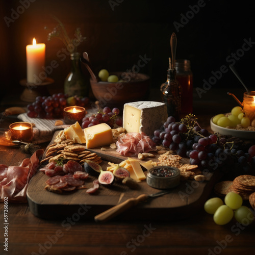 Cheese, meat, and grapes on a wooden cutting board with candlelight in the background from an overhead perspective. Generative Ai