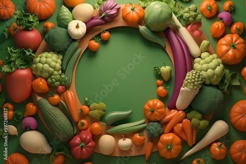Cartoon vegetable background with round frame. Generative AI