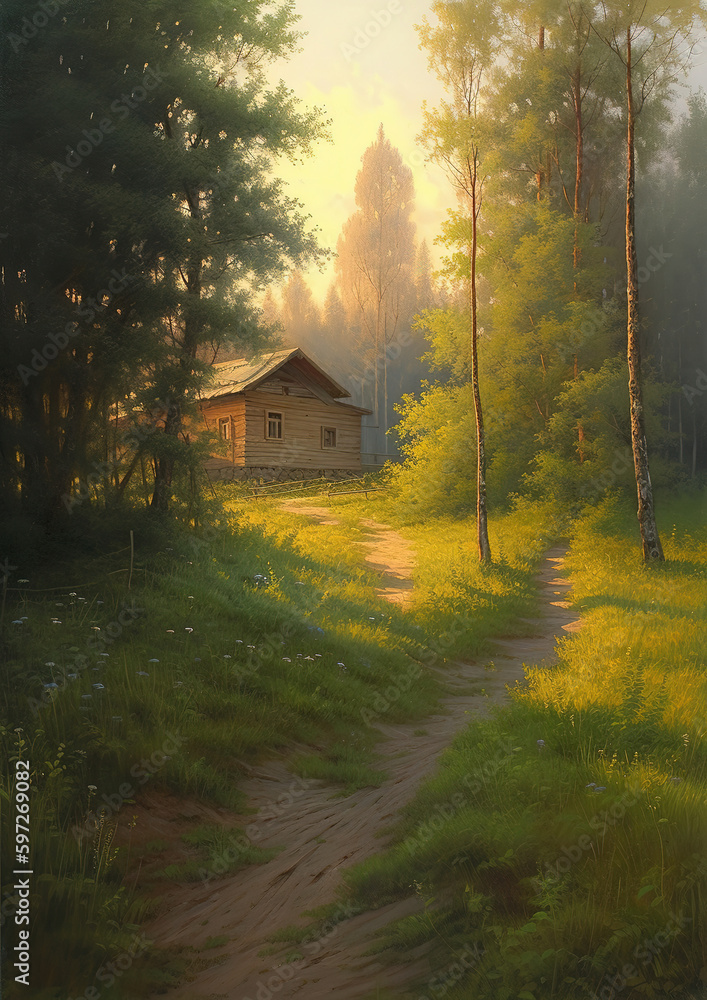 a painting of a house in the middle of a field, forest path, art illustration a painting of a house in the middle of a field, forest path, art illustration