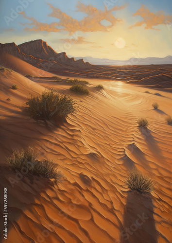 A dramatic desert landscape with sand dunes and a setting sun casting long shadows across the landscape  generative ai 