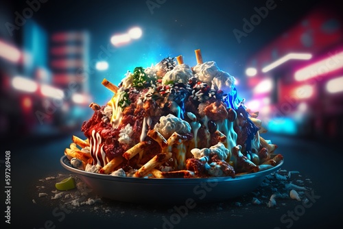 A loaded Fries with lots of toppings and sauces  created with Generative AI technology