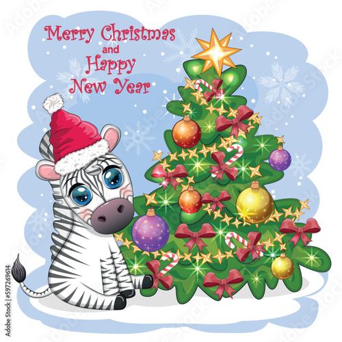 Merry Christmas and Happy New Year greeting card with cute zebra in santa hat with christmas ball  candy kane  gift