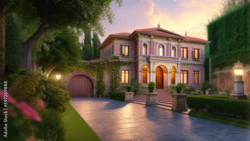 Vintage old italian villa with lawn, garden and pool in evening. Soft light. Generative AI