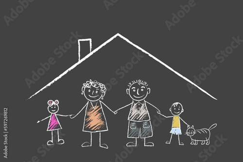 Family roof drawing. Sketch with white chalk on a black board. The concept of family home ownership. Isolated vector illustration