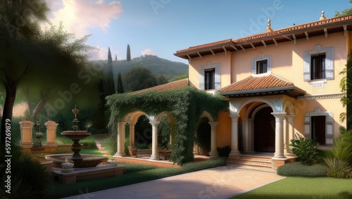 Vintage old italian villa with lawn and garden in sunny day. Soft light. Generative AI © Vitaliy