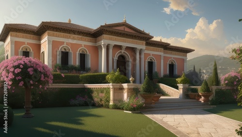 Vintage old italian villa with lawn and garden in sunny day. Soft light. Generative AI