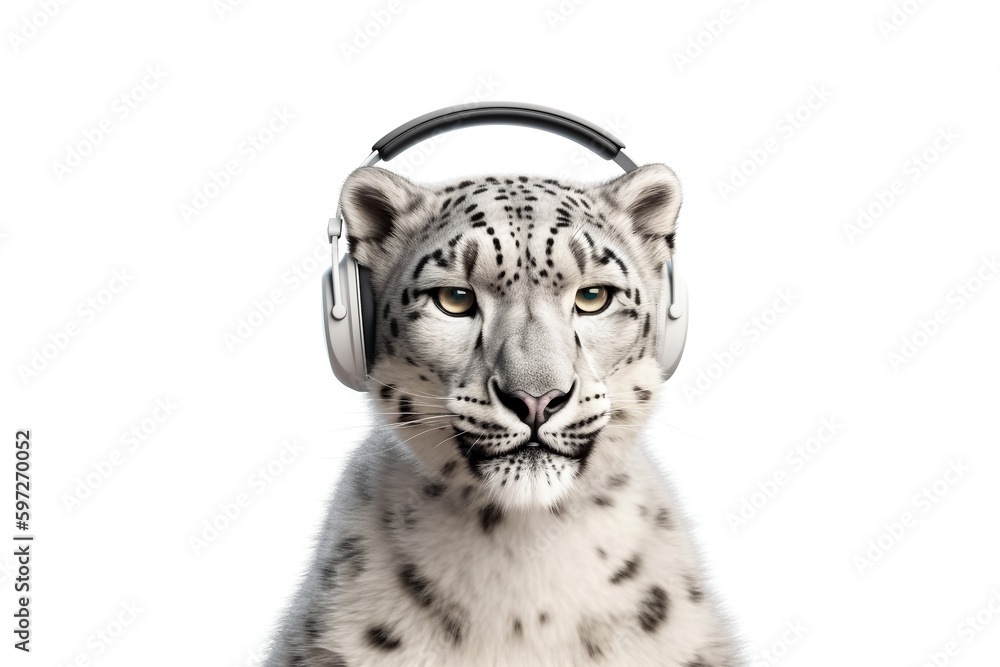 Obraz premium Close up portrait of a beautiful snow leopard in a in wireless headphones isolated on white background. The leopard is listening to music.