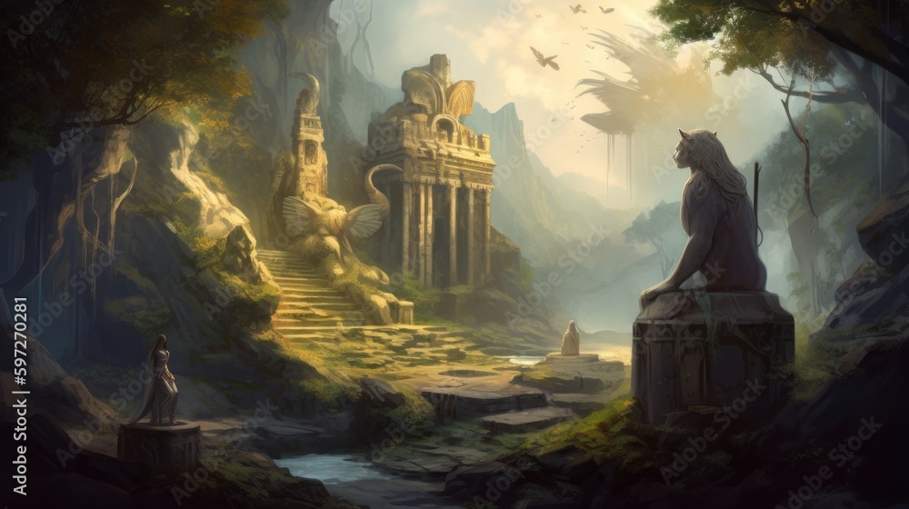 Fantasy world inspired by mythology, complete with magical creatures and ancient ruins