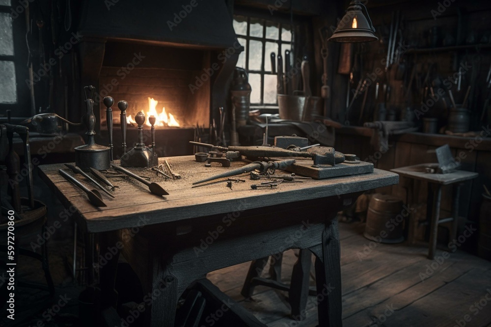 Tabletop blacksmithing setup with hammer and anvil resting on a stand inside small workshop. Generative AI