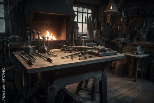 Tabletop blacksmithing setup with hammer and anvil resting on a stand inside small workshop. Generative AI © Taha