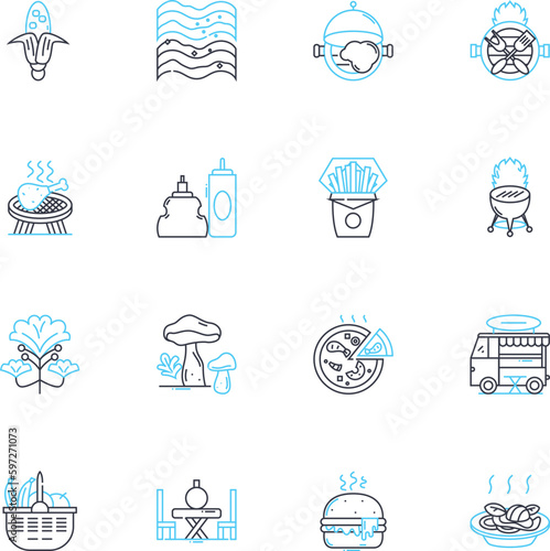 Hike linear icons set. Adventure, Scenery, Trek, Trails, Nature, Summit, Excursion line vector and concept signs. Mountains,Explore,Wilderness outline illustrations Generative AI