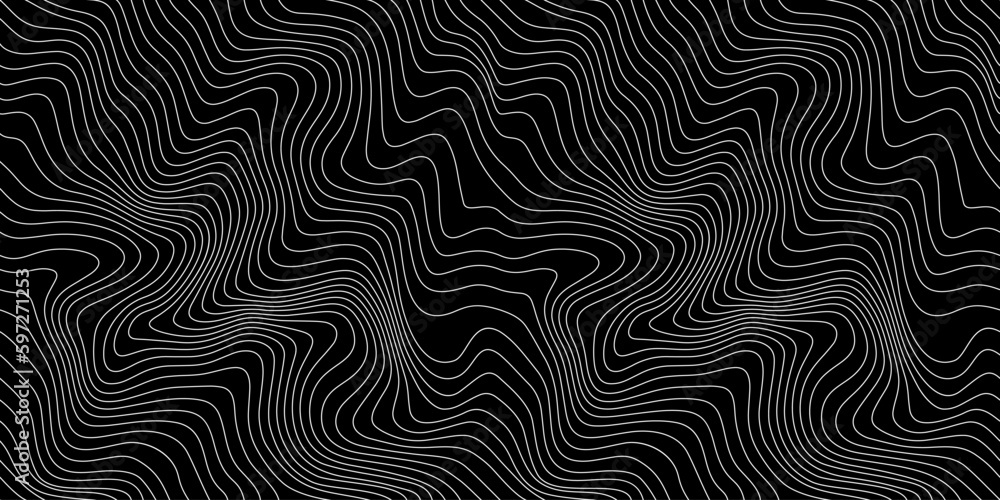 Vector Weather Map Background. Abstract Seamless Pattern with Contour Lines Isolated on Black Bg. Geometric Linear Topographic Texture