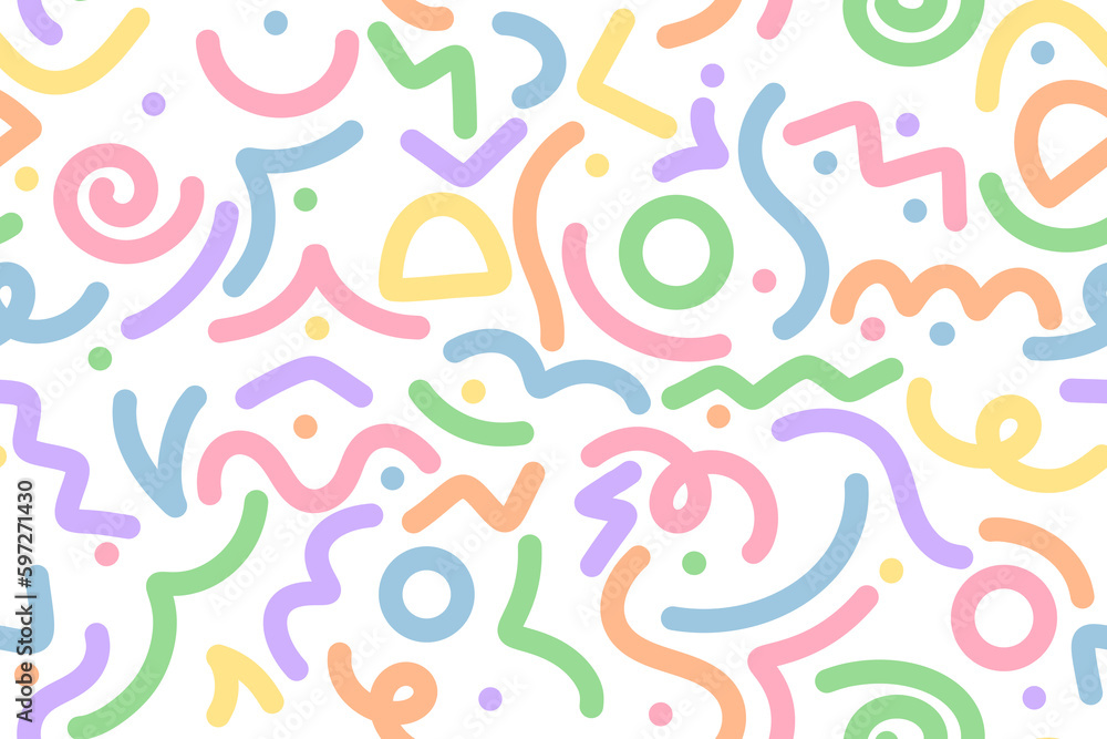 Illustration doodle lines colorful seamless pattern. design with basic shape minimalist style. child drawing concept