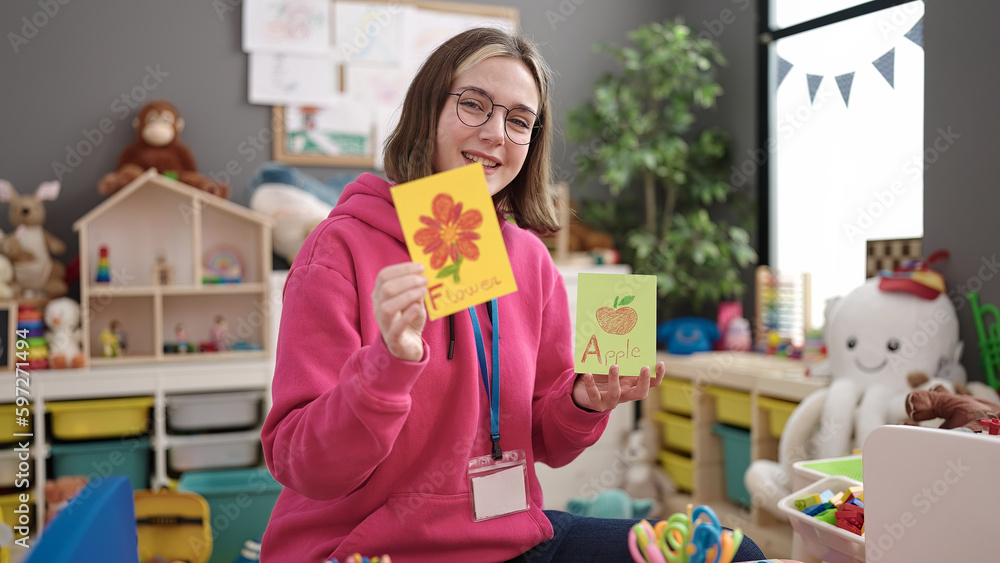 Young blonde woman preschool teacher having vocabulary lesson at kindergarten Young blonde woman preschool teacher having vocabulary lesson at kindergarten
