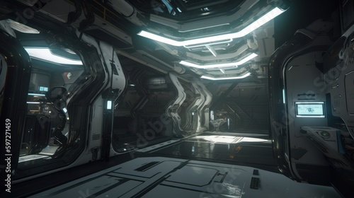 Create a sci-fi space station with sleek technology and high-tech weaponry