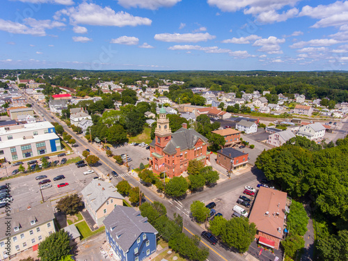 Cumberland Town Hall aerial view at 45 Broad Street in historic town center of Cumberland, Rhode Island RI, USA. 