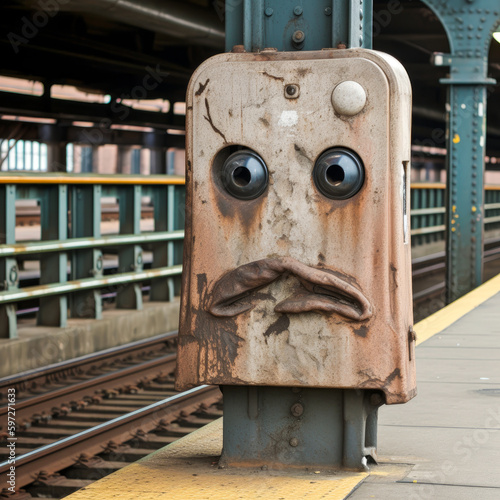 Stunning natural pareidolia with a face appearing on a train station platform. Natural optical illusion with great potential for emotive and graphical applications. Generative AI photo