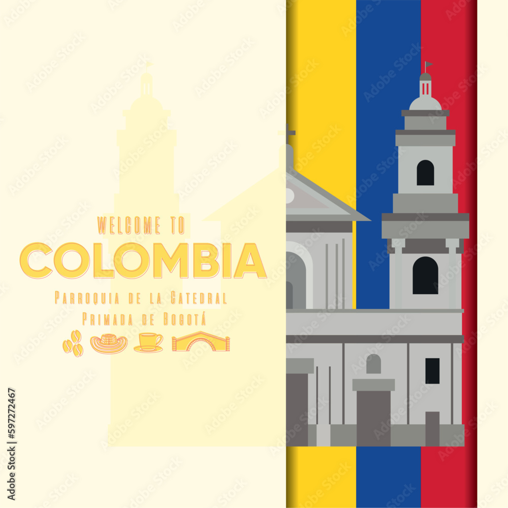 Colored colombia travel poster with traditional church landmark Vector