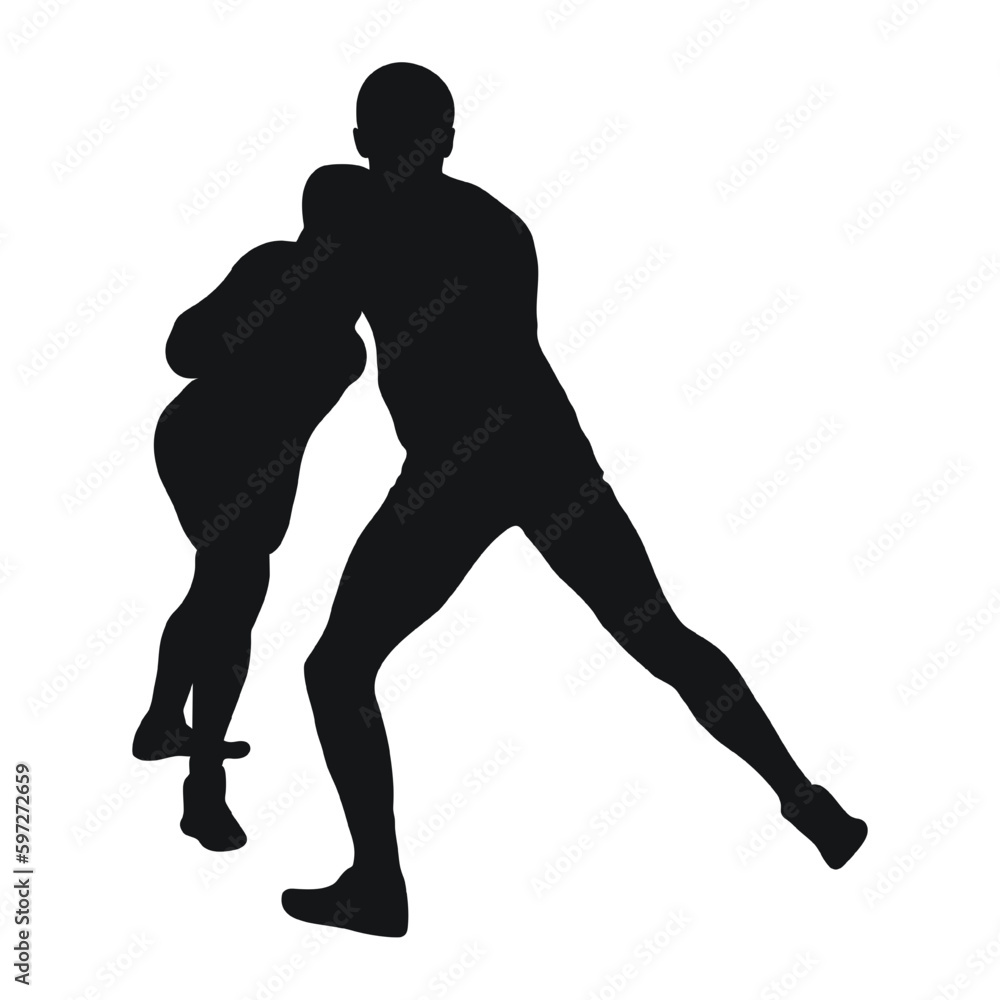 Vector black silhouette of a wrestler athlete in wrestling, duel, fight, struggle, combating. Greco Roman, freestyle wrestling, martial art, sportsmanship.