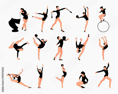 Set of silhouettes of gymnasts. Sport artistic gymnastics. Sports queen. Flat style. Isolated vector