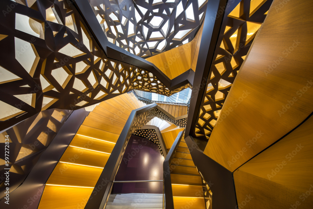Obraz premium A mysterious combination of stairs in height, forming an intricate labyrinth. The perfect photo for an attractive illustration or an abstract composition. Generative AI