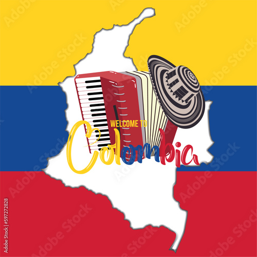 Map of colombia with accordion and traditional hat Travel poster template Vector