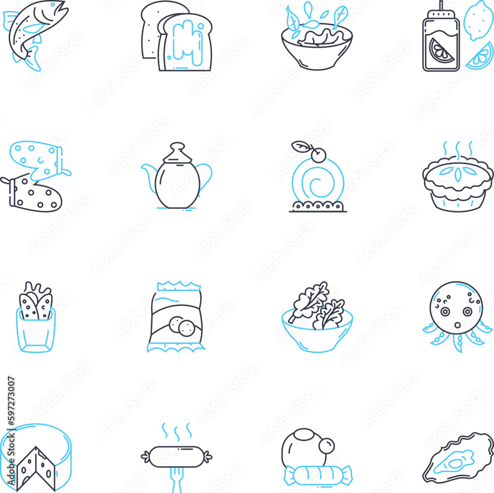 Cutlery linear icons set. Knife, Fork, Spoon, Spatula, Ladle, Cleaver, Chopper line vector and concept signs. Whisk,Tongs,Grater outline illustrations Generative AI