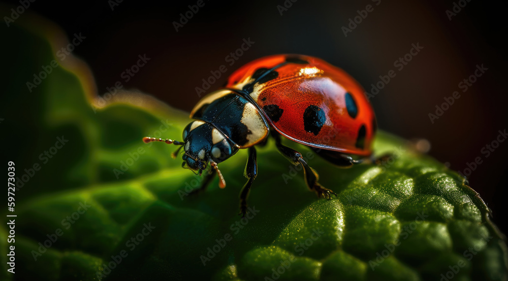 Fototapeta premium Ladybugs' Vibrant Red Elytra Catching Sunlight in Image.