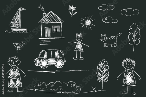 Set of objects drawn child. little girl, mom, dad, woman, man, house, bird, cat, sun, clouds, car, flower, tree, ship. Children's doodle elements drawn with white chalk or pencil on black school board